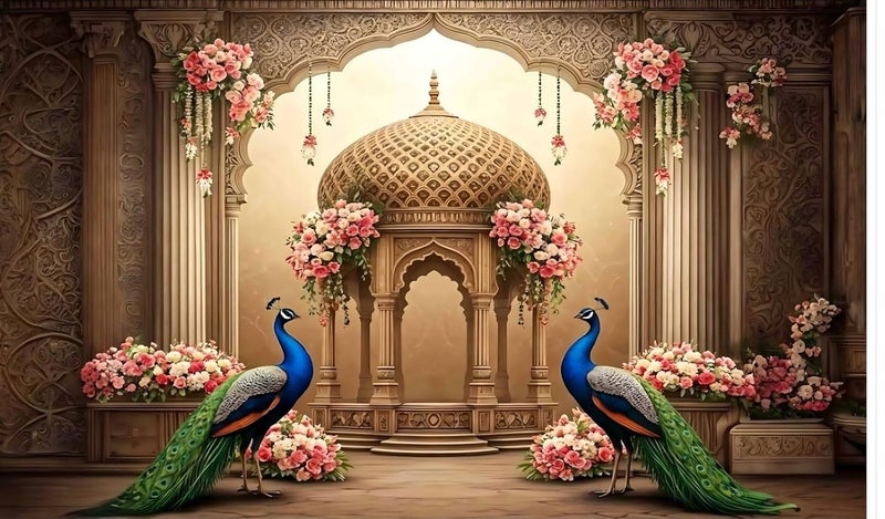 Backdropon تجسيد الطاووس الكبير مع تصميم زهور الطاووس خلفية جدارية لغرفة النوم زينة جدارية للمنزل المكتب السكني غرفة المعيشة بحجم 5 أقدام ارتفاع و 8 أقدام عرض، متعدد الألوان - Image 1