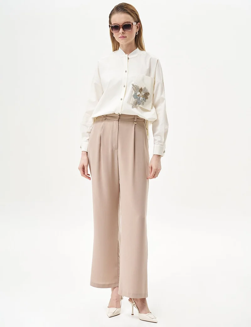 Kayra Pleated Pocket Detail Basic Pants Beige