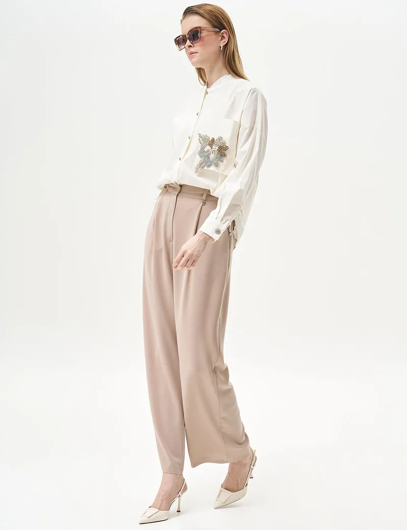 Kayra Pleated Pocket Detail Basic Pants Beige