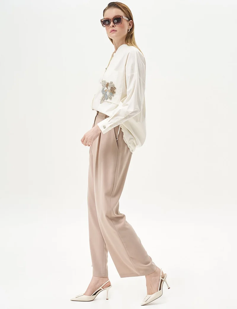 Kayra Pleated Pocket Detail Basic Pants Beige