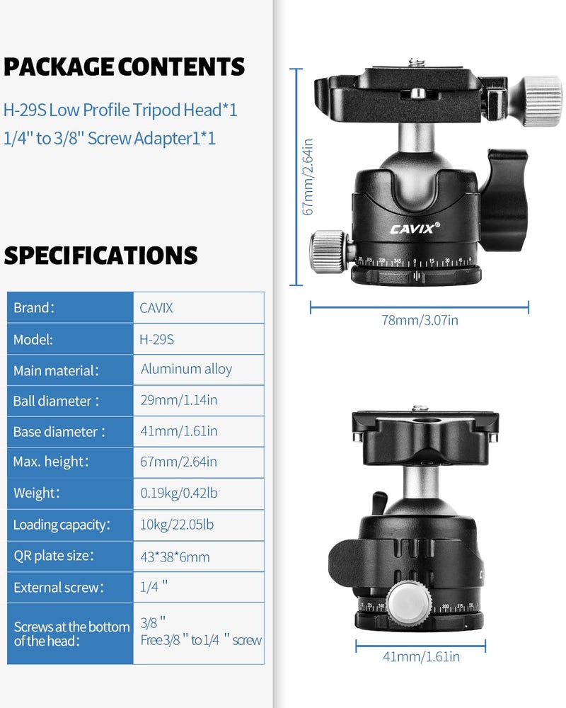 CAVIX Ball Head Mount with 1/4" Screw Arca Type Quick Release Plate 360 Degree Swivel Tripod Ball Head Loading 22lb/10kg - Image 2