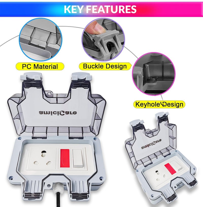 amiciCare مفتاح كهربائي مقاوم للماء مع مؤشر الطاقة وغطاء قابل للقفل، صندوق مفتاح كهربائي خارجي 6/16 أمبير IP66 لشحن المركبات الكهربائية - Image 5