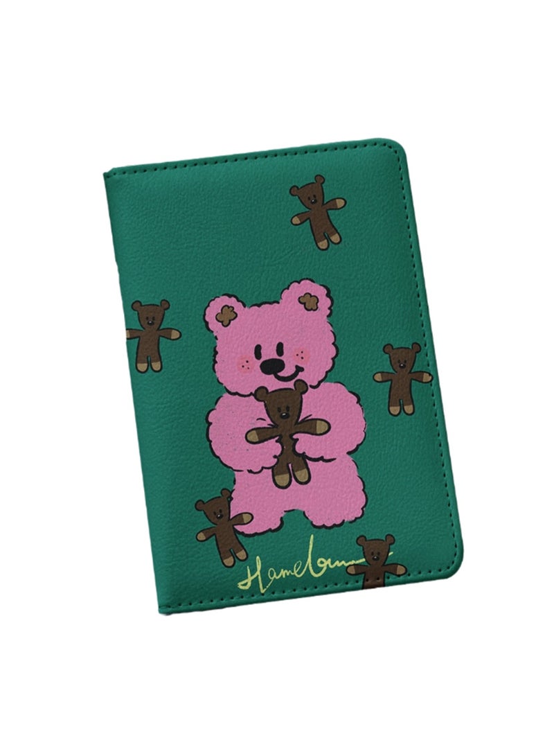 Green Pink Bear Passport Holder Wallet Passport Holder, Multi-Function Girls And Boys Card Holder Pu Leather Travel Document Holder, Travel Accessories - Image 1