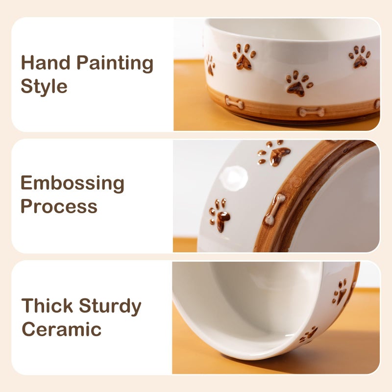 XRBEOU Ceramic Dog Bowls, 3.5 Cups Dog Food and Water Bowl Set for Medium Dogs with Wooden Stand and Non-Slip Silicone Food Mat, Weighted Embossed Cute Puppy Bowls Feeding Dishes Set of 2, 32 OZ - Image 5