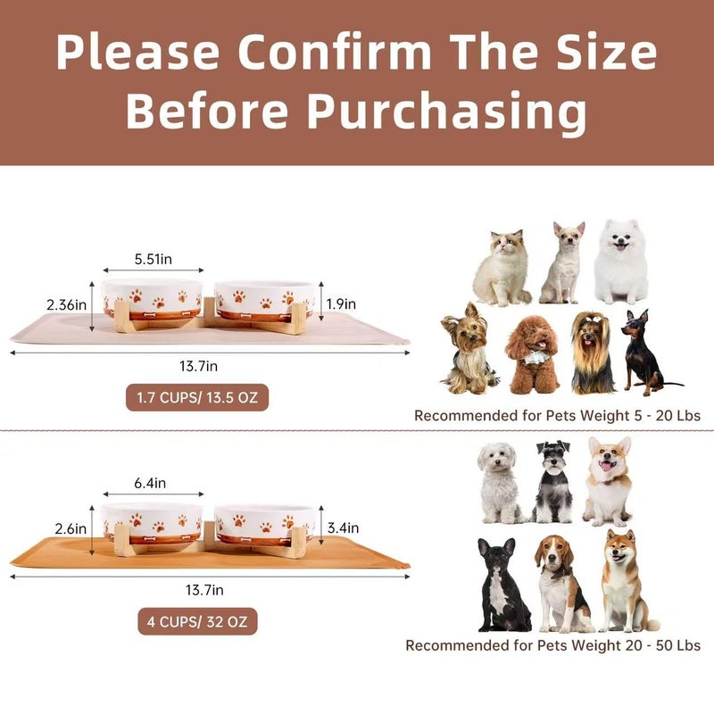 XRBEOU Ceramic Dog Bowls, 3.5 Cups Dog Food and Water Bowl Set for Medium Dogs with Wooden Stand and Non-Slip Silicone Food Mat, Weighted Embossed Cute Puppy Bowls Feeding Dishes Set of 2, 32 OZ - Image 2