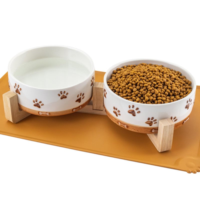 XRBEOU Ceramic Dog Bowls, 3.5 Cups Dog Food and Water Bowl Set for Medium Dogs with Wooden Stand and Non-Slip Silicone Food Mat, Weighted Embossed Cute Puppy Bowls Feeding Dishes Set of 2, 32 OZ - Image 1