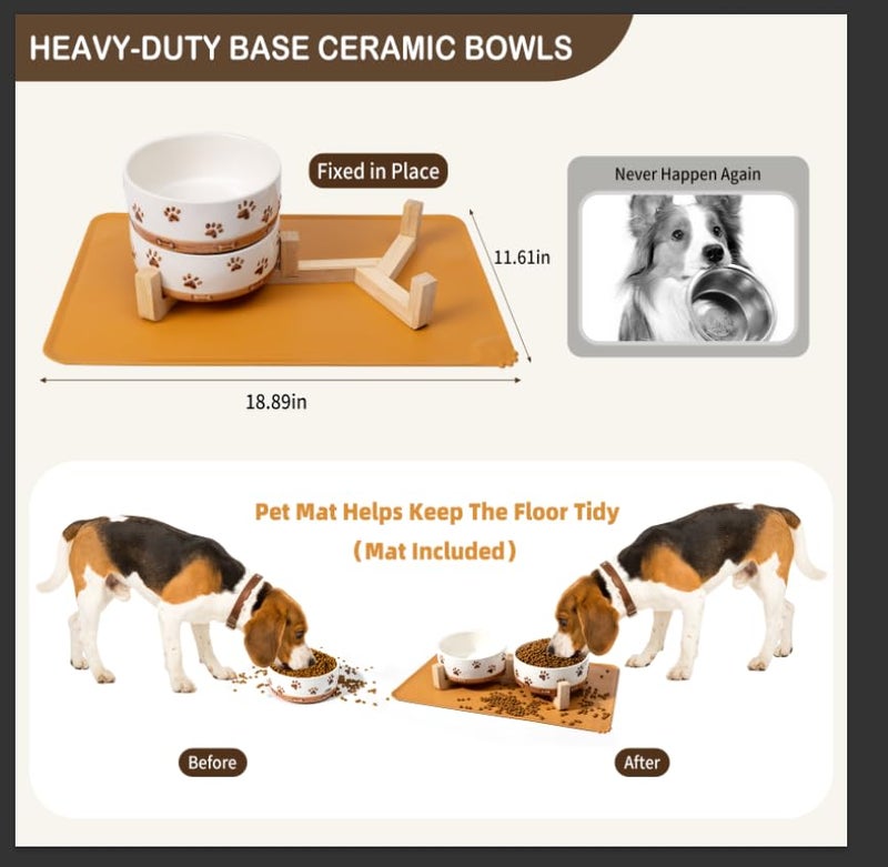 XRBEOU Ceramic Dog Bowls, 3.5 Cups Dog Food and Water Bowl Set for Medium Dogs with Wooden Stand and Non-Slip Silicone Food Mat, Weighted Embossed Cute Puppy Bowls Feeding Dishes Set of 2, 32 OZ - Image 3