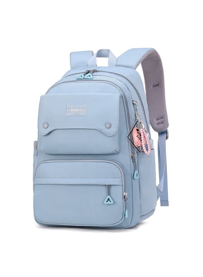 GGEROU حقيبة ظهر كاجوال للأطفال بلون موحد للبنات لحقيبة المدرسة الابتدائية والمتوسطة حقيبة سفر للمراهقين زرقاء - Image 1