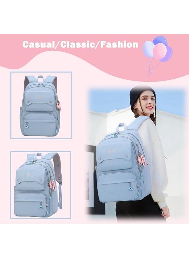 GGEROU حقيبة ظهر كاجوال للأطفال بلون موحد للبنات لحقيبة المدرسة الابتدائية والمتوسطة حقيبة سفر للمراهقين زرقاء - Image 2
