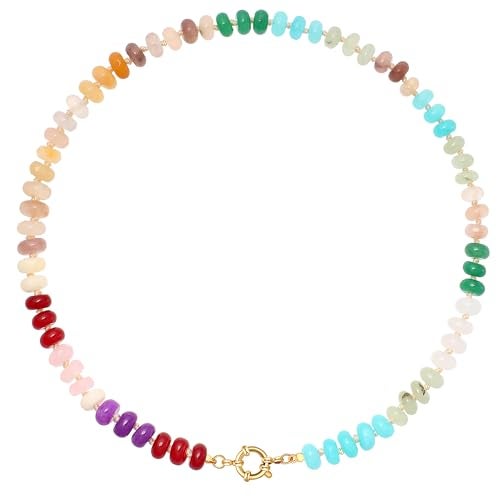 LALAPPLE Colorful Beaded Gemstone Necklace for Women, Boho Rainbow Bead Choker with Natural Stone Crystal Beads, Handmade Summer Beach Necklace Jewelry (E-rainbow2) - Image 1