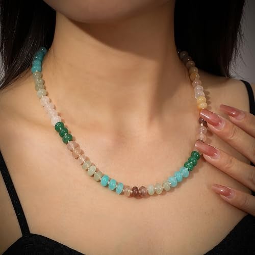LALAPPLE Colorful Beaded Gemstone Necklace for Women, Boho Rainbow Bead Choker with Natural Stone Crystal Beads, Handmade Summer Beach Necklace Jewelry (E-rainbow2) - Image 2