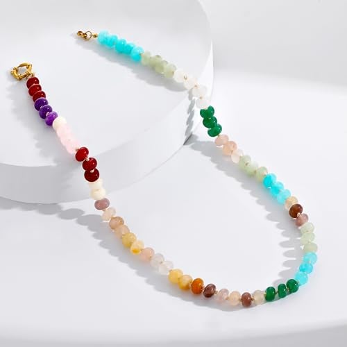LALAPPLE Colorful Beaded Gemstone Necklace for Women, Boho Rainbow Bead Choker with Natural Stone Crystal Beads, Handmade Summer Beach Necklace Jewelry (E-rainbow2) - Image 4