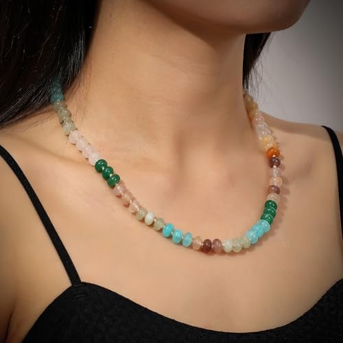 LALAPPLE Colorful Beaded Gemstone Necklace for Women, Boho Rainbow Bead Choker with Natural Stone Crystal Beads, Handmade Summer Beach Necklace Jewelry (E-rainbow2) - Image 3