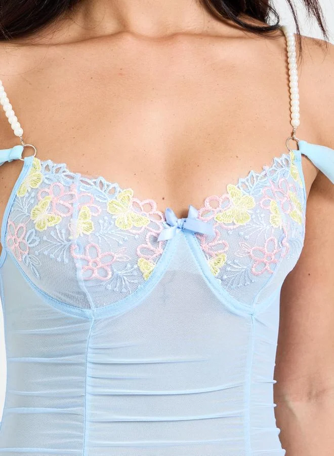 تايك تو Blue Floral Mesh Slip with Pearl Straps and Brief Set
