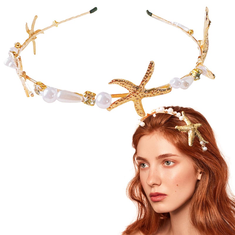 Jaczora Gold Fashion Beaded Starfish Headband, Pearl Starfish Mermaid Headbands, Beach Wedding Hair Accessories for Women - Image 1