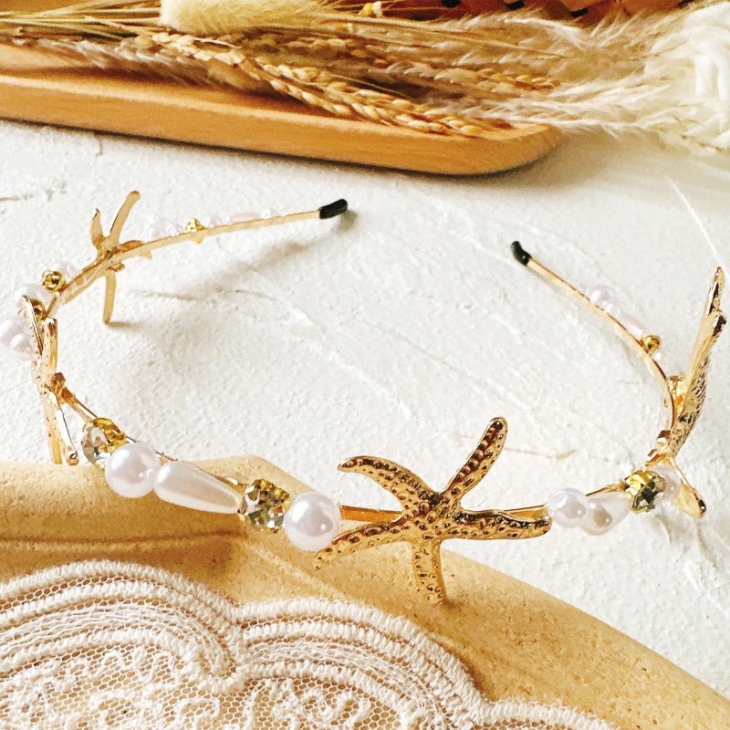Jaczora Gold Fashion Beaded Starfish Headband, Pearl Starfish Mermaid Headbands, Beach Wedding Hair Accessories for Women - Image 4