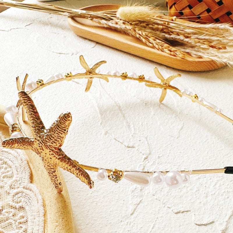 Jaczora Gold Fashion Beaded Starfish Headband, Pearl Starfish Mermaid Headbands, Beach Wedding Hair Accessories for Women - Image 3
