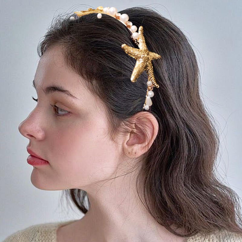 Jaczora Gold Fashion Beaded Starfish Headband, Pearl Starfish Mermaid Headbands, Beach Wedding Hair Accessories for Women - Image 5