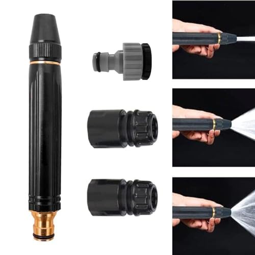 FANHAO Brass Water Spray Black Nozzle with 3 Attachments, 1/2”, with ALL Attachments, Adjustable Water Jet Spray Gun, High Pressure, For Garden, Wash Bike-Car-Pets, Black Nozzle + All Connectors clamp - Image 1