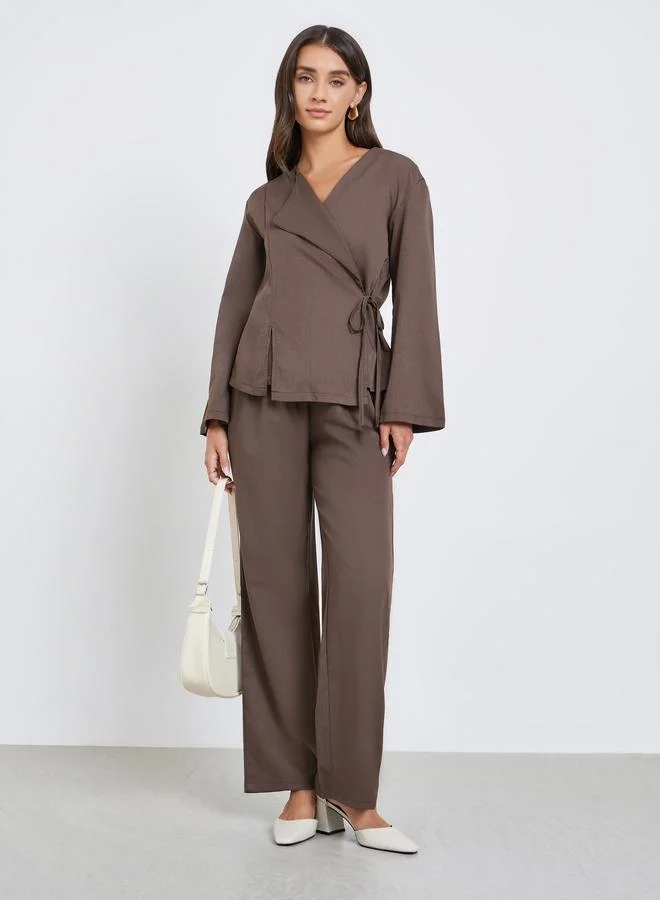 Styli Women Brown Solid Wrap Top and Pants Co-Ords