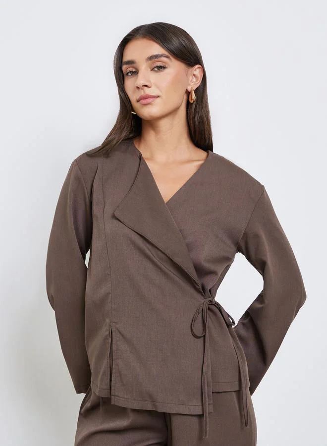 Styli Women Brown Solid Wrap Top and Pants Co-Ords