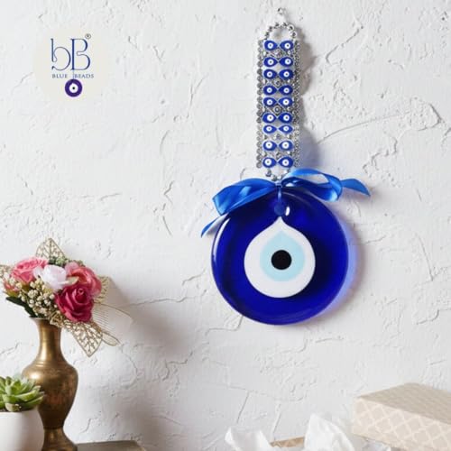 BLUE BEADS Evil Eye Hanging Wall Hanging Feng Shui Vastu Blue Big Glass Evil Eye Door Hanging Nazar Suraksha Protection Good Luck Home/Office (X Large), Turkish Amulet Decoration Home (Silver) - Image 5