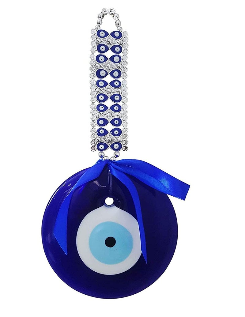 BLUE BEADS Evil Eye Hanging Wall Hanging Feng Shui Vastu Blue Big Glass Evil Eye Door Hanging Nazar Suraksha Protection Good Luck Home/Office (X Large), Turkish Amulet Decoration Home (Silver) - Image 1