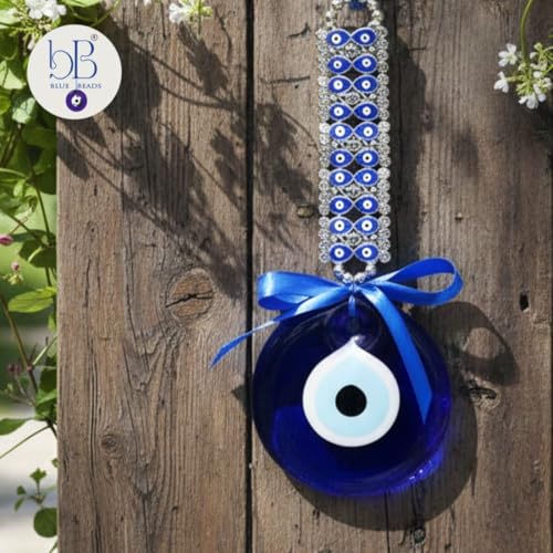 BLUE BEADS Evil Eye Hanging Wall Hanging Feng Shui Vastu Blue Big Glass Evil Eye Door Hanging Nazar Suraksha Protection Good Luck Home/Office (X Large), Turkish Amulet Decoration Home (Silver) - Image 3