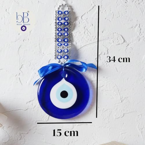 BLUE BEADS Evil Eye Hanging Wall Hanging Feng Shui Vastu Blue Big Glass Evil Eye Door Hanging Nazar Suraksha Protection Good Luck Home/Office (X Large), Turkish Amulet Decoration Home (Silver) - Image 4