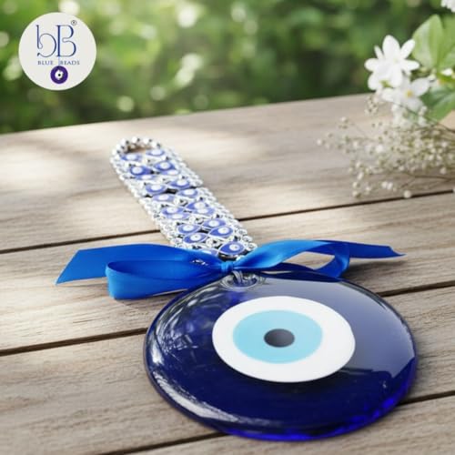 BLUE BEADS Evil Eye Hanging Wall Hanging Feng Shui Vastu Blue Big Glass Evil Eye Door Hanging Nazar Suraksha Protection Good Luck Home/Office (X Large), Turkish Amulet Decoration Home (Silver) - Image 2