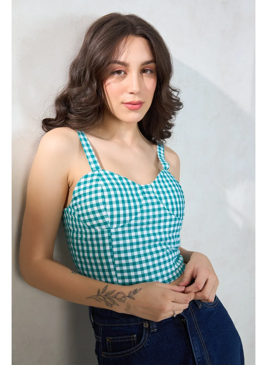 فيرجيو Virgio Women Cotton Sweetheart Neck Regular Length Checks Sleeveless Top