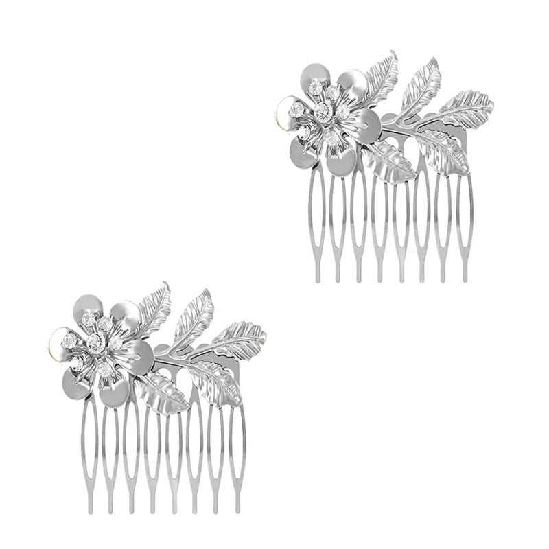 2 Pcs Metal Leaf Hair Combs with Rhinestone 8 Teeth Vintage Hair Side Combs Headpiece Hair Accessories for Women Girls Bride Bridesmaid Wedding Hair Decoration Supplies Silver