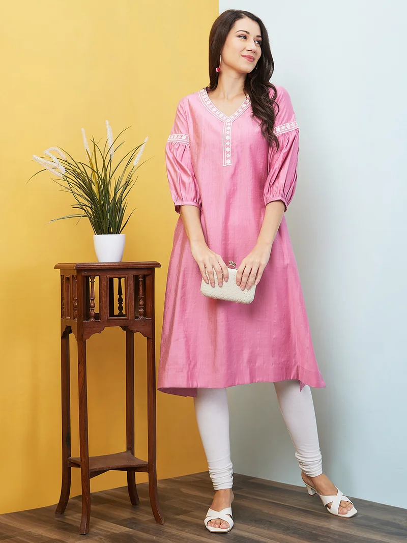 Women Ethnic Motifs Yoke Design V-Neck Puff Sleeves Thread Work A-Line Kurta