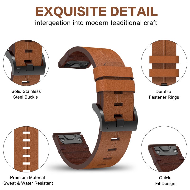 erorex For Garmin Fenix 8 Amoled 47Mm Leather Steel Buckle 22Mm Watch Band(Brown) - Image 5