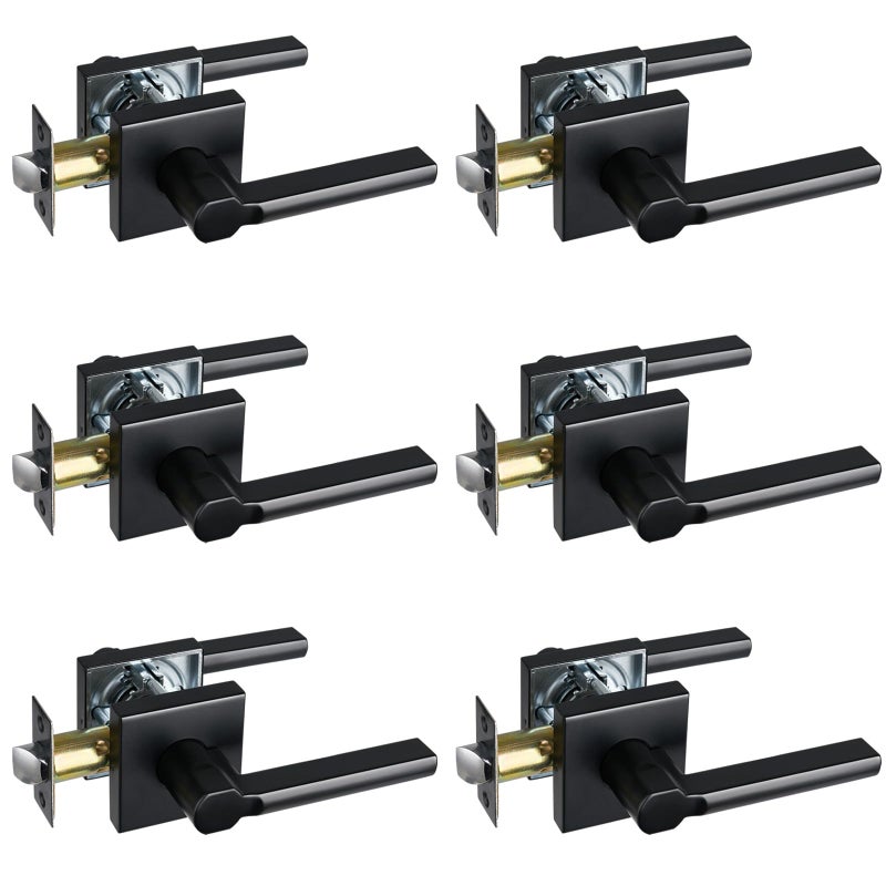 Hisafe Heavy Duty Passage Door Lever  Matte Black Square Door Handle Interior No Locking Door Lock For Hallway And Closet  Reversible Right And Left  6 Pack - Image 1