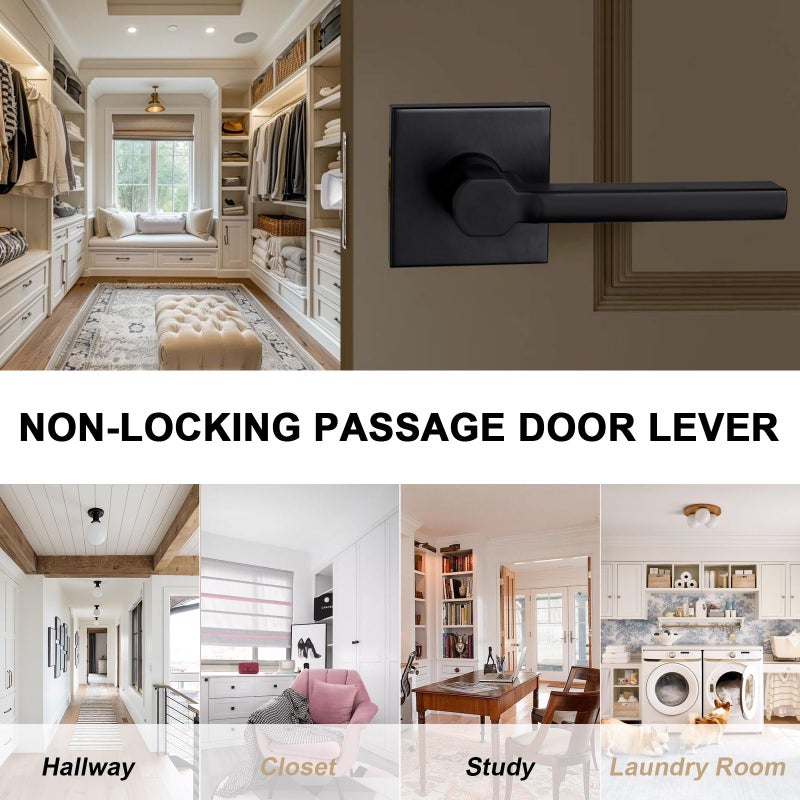 Hisafe Heavy Duty Passage Door Lever  Matte Black Square Door Handle Interior No Locking Door Lock For Hallway And Closet  Reversible Right And Left  6 Pack - Image 2