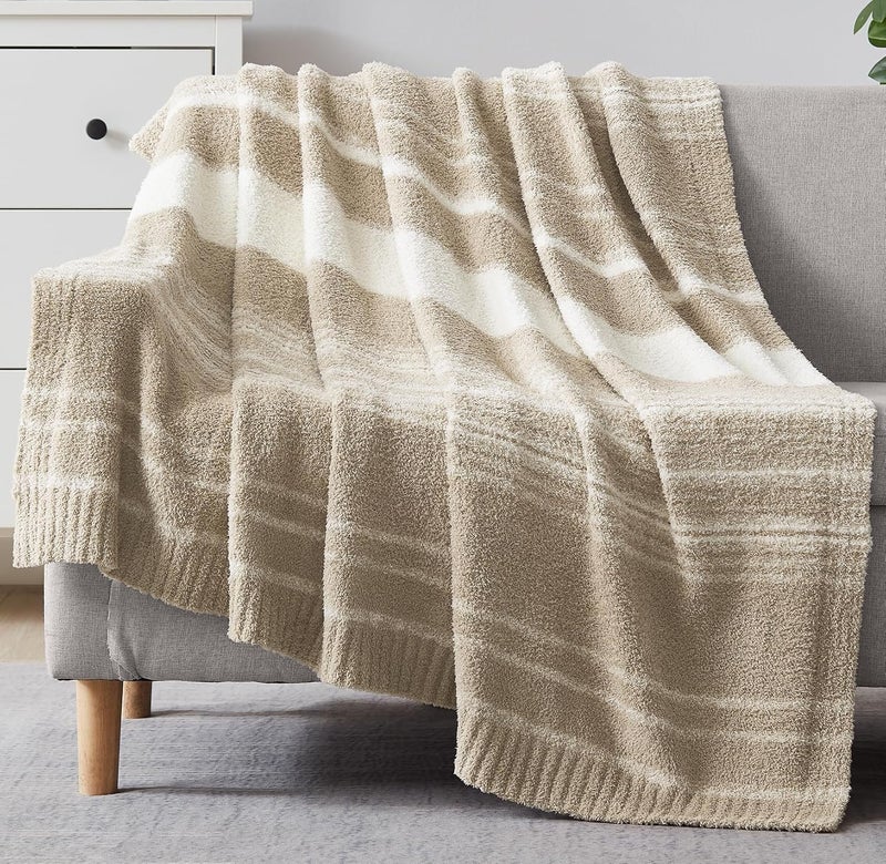 WRENGONGE Khaki Throw Blanket 50x70 Soft Cozy Striped Throw Blankets for Couch Sofa Bed Travel Lightweight Fluffy Warm Plush Decorative Blankets for Women MenKids Gift