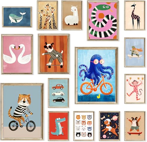 Aroutde 16Pcs Cartoon Animal Canvas Wall Art Nursery Room Funny Animal Pictures Octopus Tiger on Bikes Dog Turtle Skateboard Posters for Toddler Baby Kids Bedroom Playful Nursery Playroom Decor - Image 1