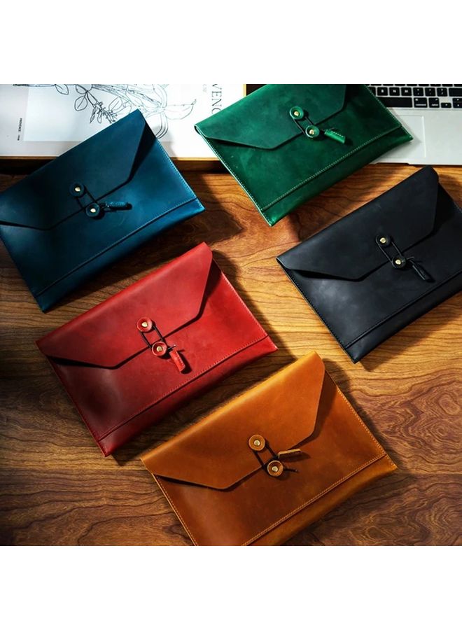 Genuine Leather Laptop Briefcase Green Document Organizer for iPad Notebook - Image 1