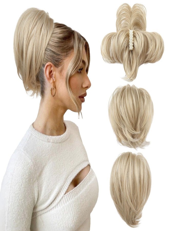 HOOJIH Ponytail Extension, Claw Clip in Straight Messy Hair Bun 9 Inch Short Ponytail Extension with Bendable Metal Wire Hair Pieces for Women Fake Hair Bun DIY Styles - Medium Blonde with Highlights - Image 1