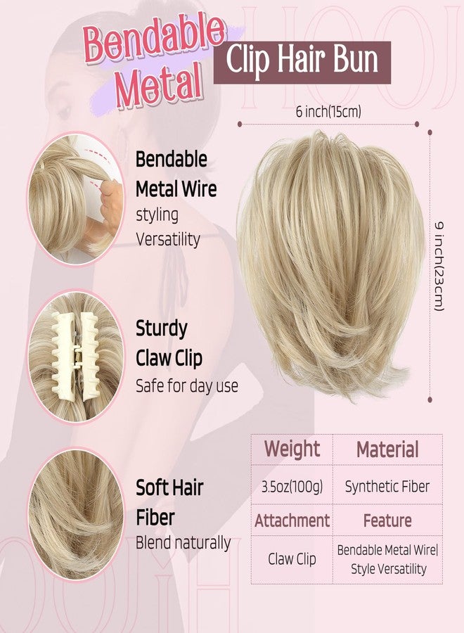 HOOJIH Ponytail Extension, Claw Clip in Straight Messy Hair Bun 9 Inch Short Ponytail Extension with Bendable Metal Wire Hair Pieces for Women Fake Hair Bun DIY Styles - Medium Blonde with Highlights - Image 2