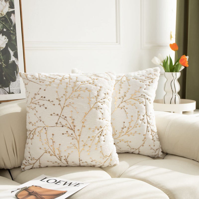 LIGICKY Set of 2 Fluffy White Faux Fur Pillow Covers with Gold Branches Glitter Printed Throw Pillows Decorative Soft Furry Sparkling Square Cushion Cases for Sofa Bedroom Party Dcor 24 x 24 inch