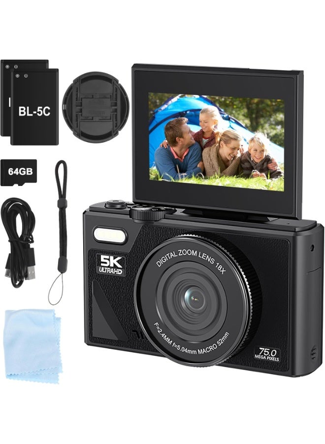 M.A&F's 5K Digital Cameras,Vlogging Camera 75MP Point and Shoot Digital Cameras with 64GB,18X Zoom,Compact Small Camera for Kids Boys Girls Beginner(Black) - Image 1