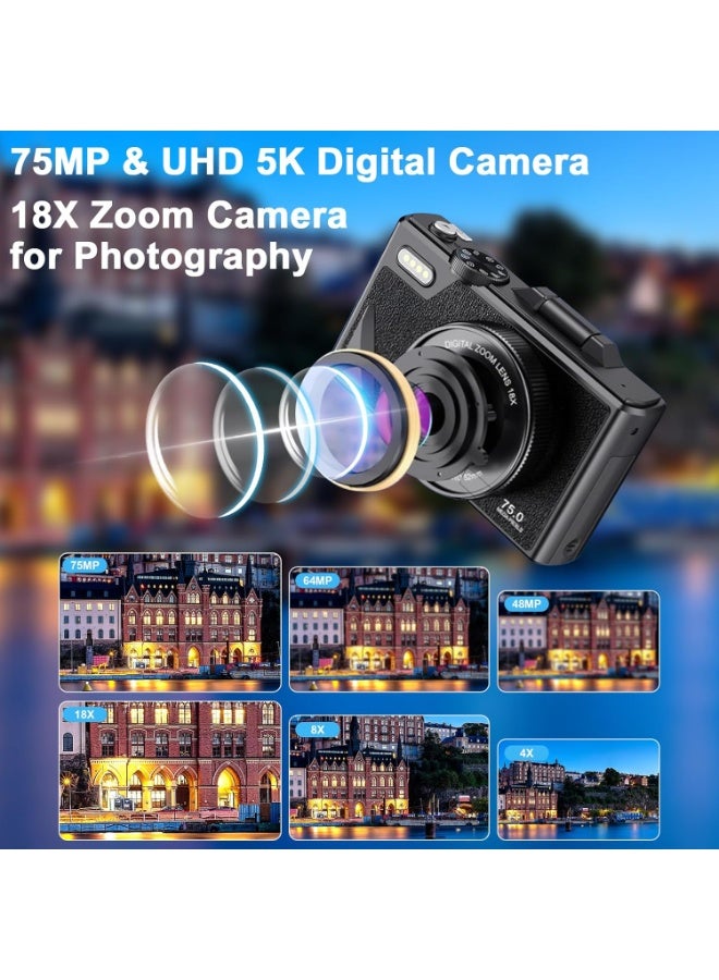 M.A&F's 5K Digital Cameras,Vlogging Camera 75MP Point and Shoot Digital Cameras with 64GB,18X Zoom,Compact Small Camera for Kids Boys Girls Beginner(Black) - Image 2