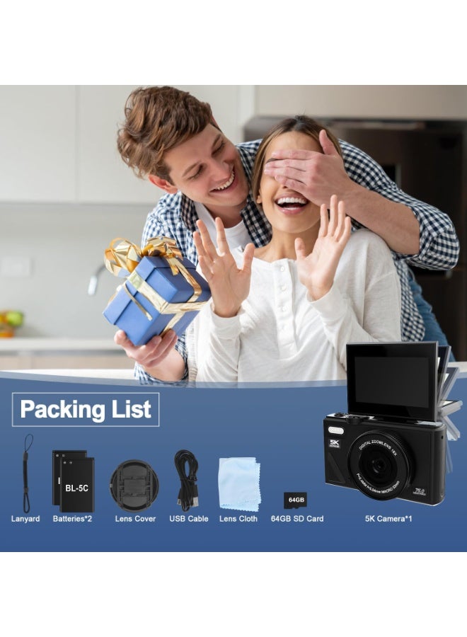 M.A&F's 5K Digital Cameras,Vlogging Camera 75MP Point and Shoot Digital Cameras with 64GB,18X Zoom,Compact Small Camera for Kids Boys Girls Beginner(Black) - Image 4