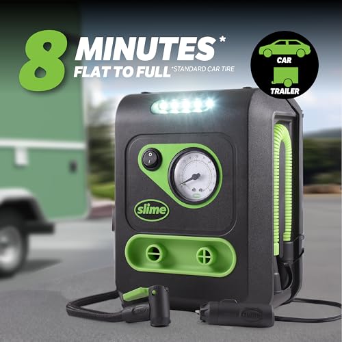 Slime مضخة هواء سلايم 40034 للإطارات والمراتب، متعددة الاستخدامات، ضغط عالي، حجم عالي، مقياس تناظري 100 psi، ضوء LED، 8 دقائق لملء الإطار، 3 دقائق لملء المرتبة - Image 2