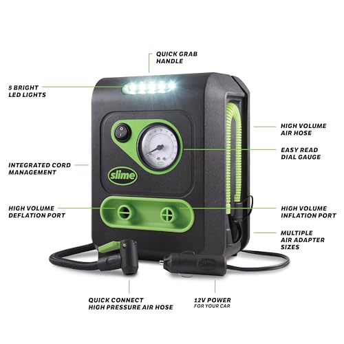 Slime مضخة هواء سلايم 40034 للإطارات والمراتب، متعددة الاستخدامات، ضغط عالي، حجم عالي، مقياس تناظري 100 psi، ضوء LED، 8 دقائق لملء الإطار، 3 دقائق لملء المرتبة - Image 5