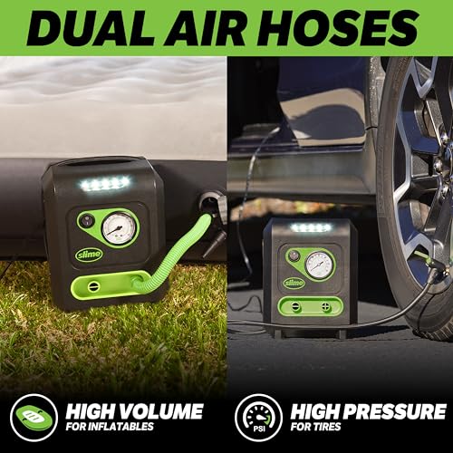 Slime مضخة هواء سلايم 40034 للإطارات والمراتب، متعددة الاستخدامات، ضغط عالي، حجم عالي، مقياس تناظري 100 psi، ضوء LED، 8 دقائق لملء الإطار، 3 دقائق لملء المرتبة - Image 3