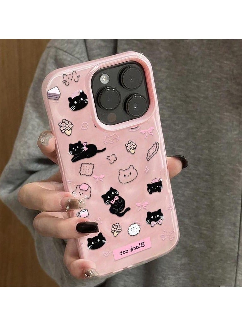 NIBEMINENT Cute Black Cat Protective TPU Case Cover For IPhone 16 Plus, Pink