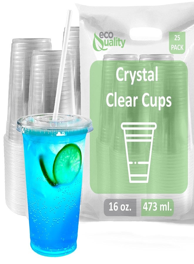 EcoQuality Large Clear Plastic Disposable Cups with Lids & Straws 25 count - 16 oz (ounces) Clear PET Cup for Cold Smoothie, Iced Coffee, Boba, Bubble Tea, Protein Shakes, Cold Drinks (Cups + Flat Lids + Straws) - Image 1